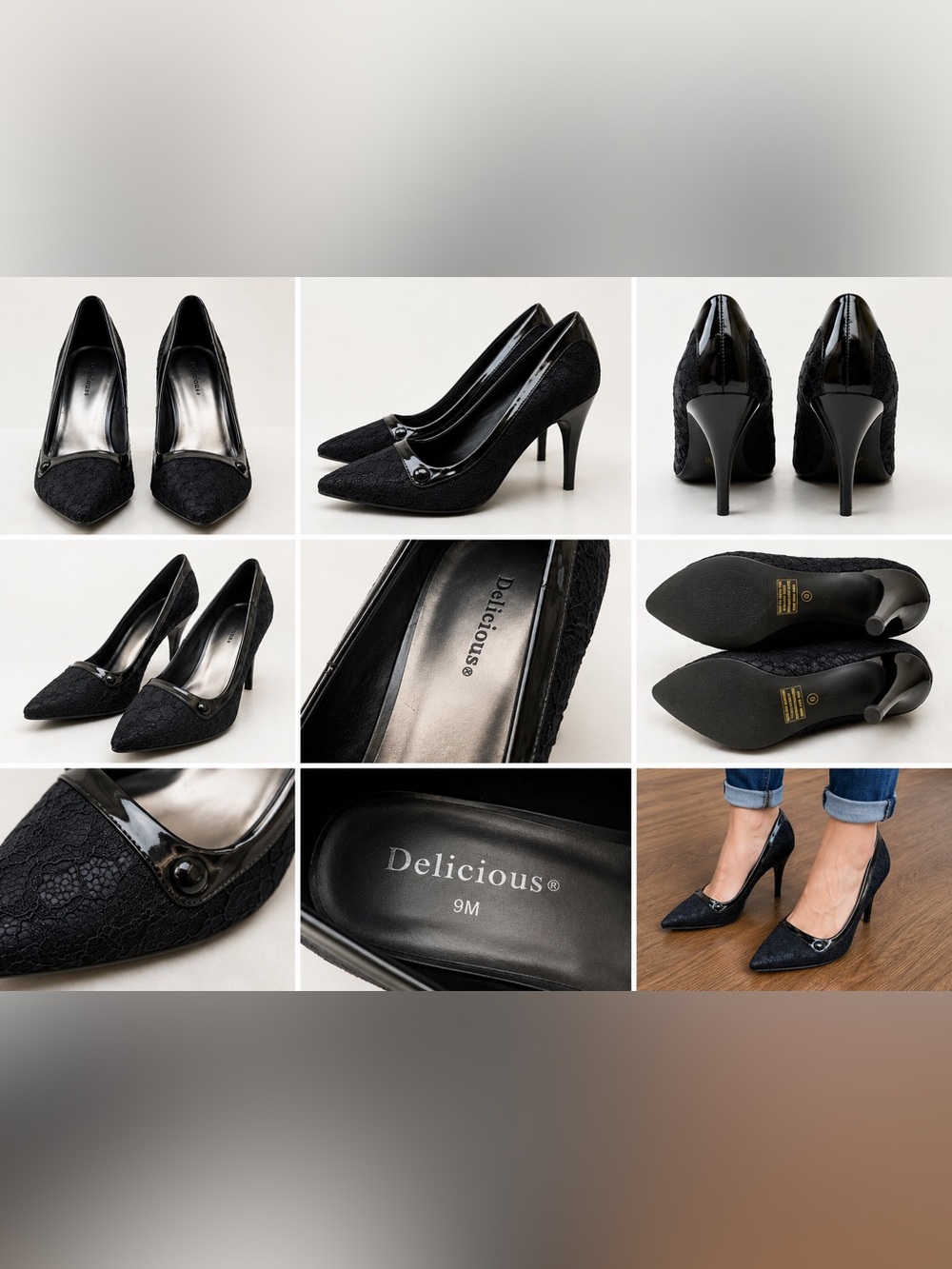 Delicious Black Lace Pointed Toe Heels – Women’s Size 9M – Classic Dress Pumps - Picture 2 of 2